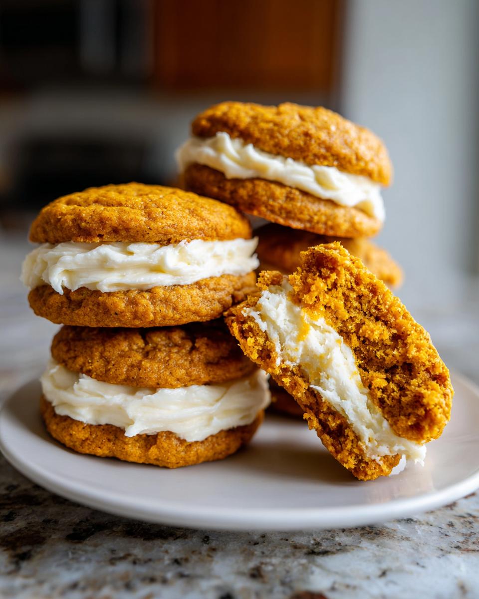A stack of soft pumpkin cookie sandwiches filled with thick cream cheese frosting, one cookie broken open.