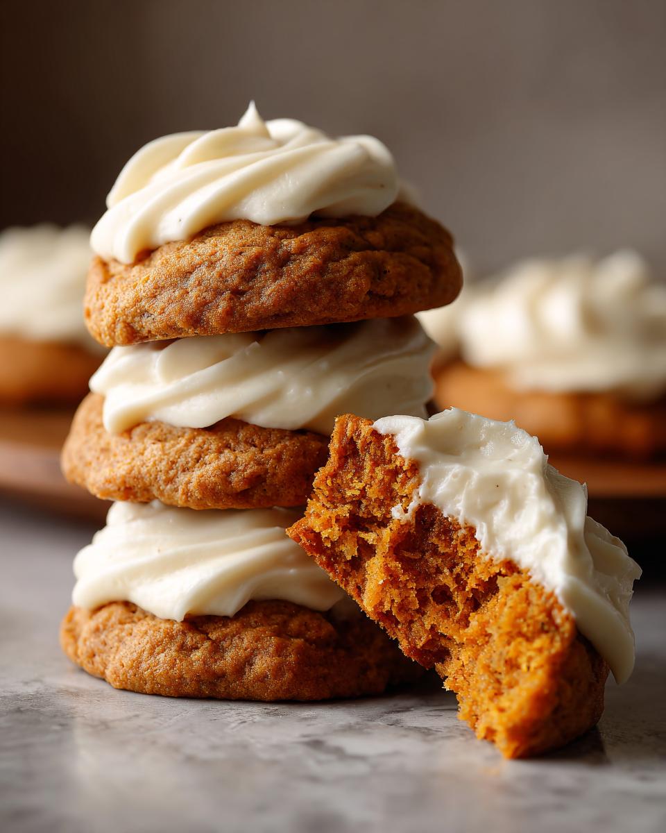 Close-up of a stack of three soft pumpkin cookie sandwiches filled with cream cheese frosting, one cookie broken open.