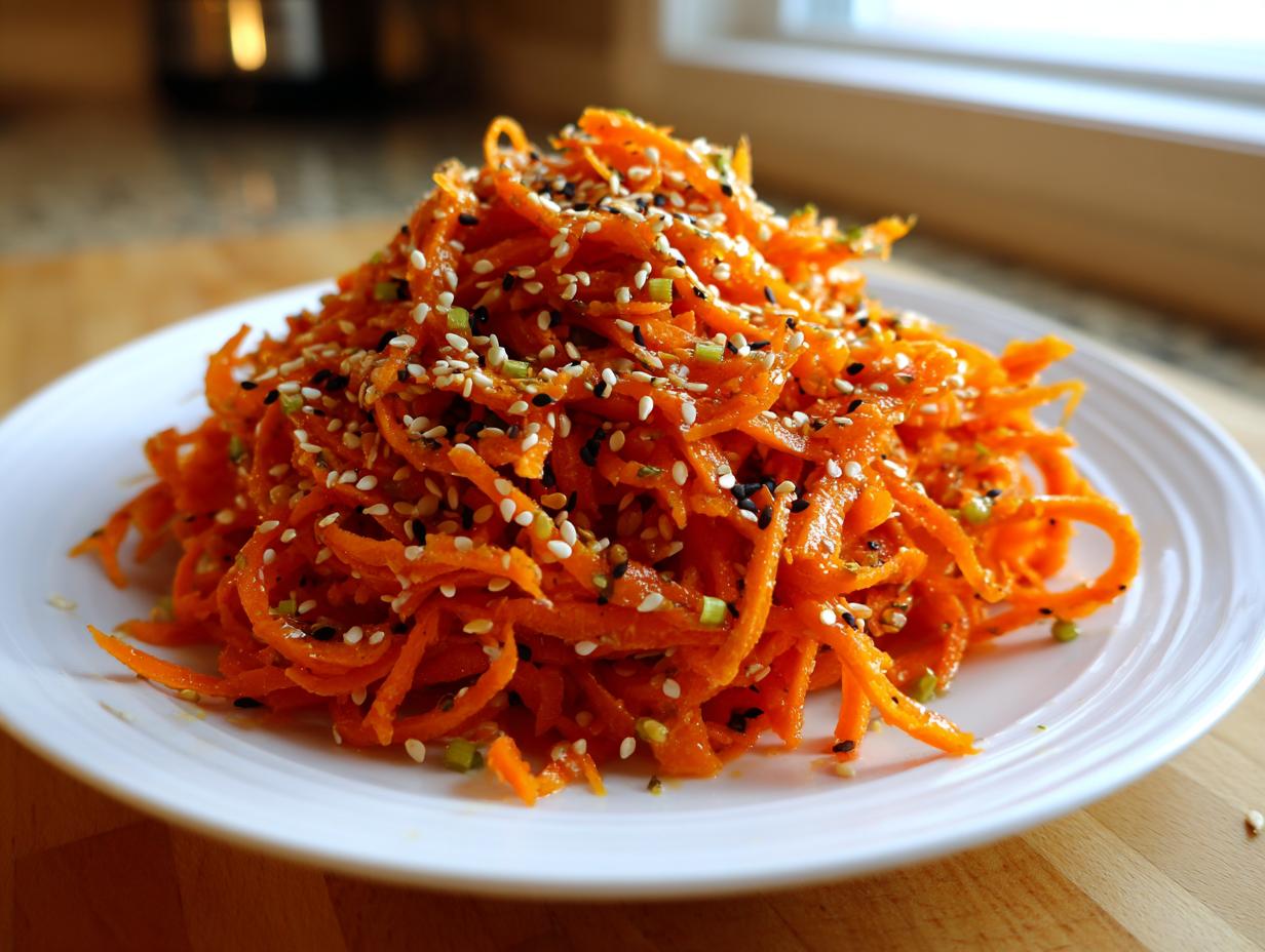 A mound of bright orange raw carrot salad, shredded and tossed, topped with black and white sesame seeds.