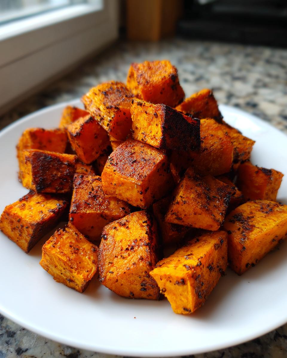 A pile of perfectly seasoned and caramelized roasted sweet potato cubes served on a white plate.