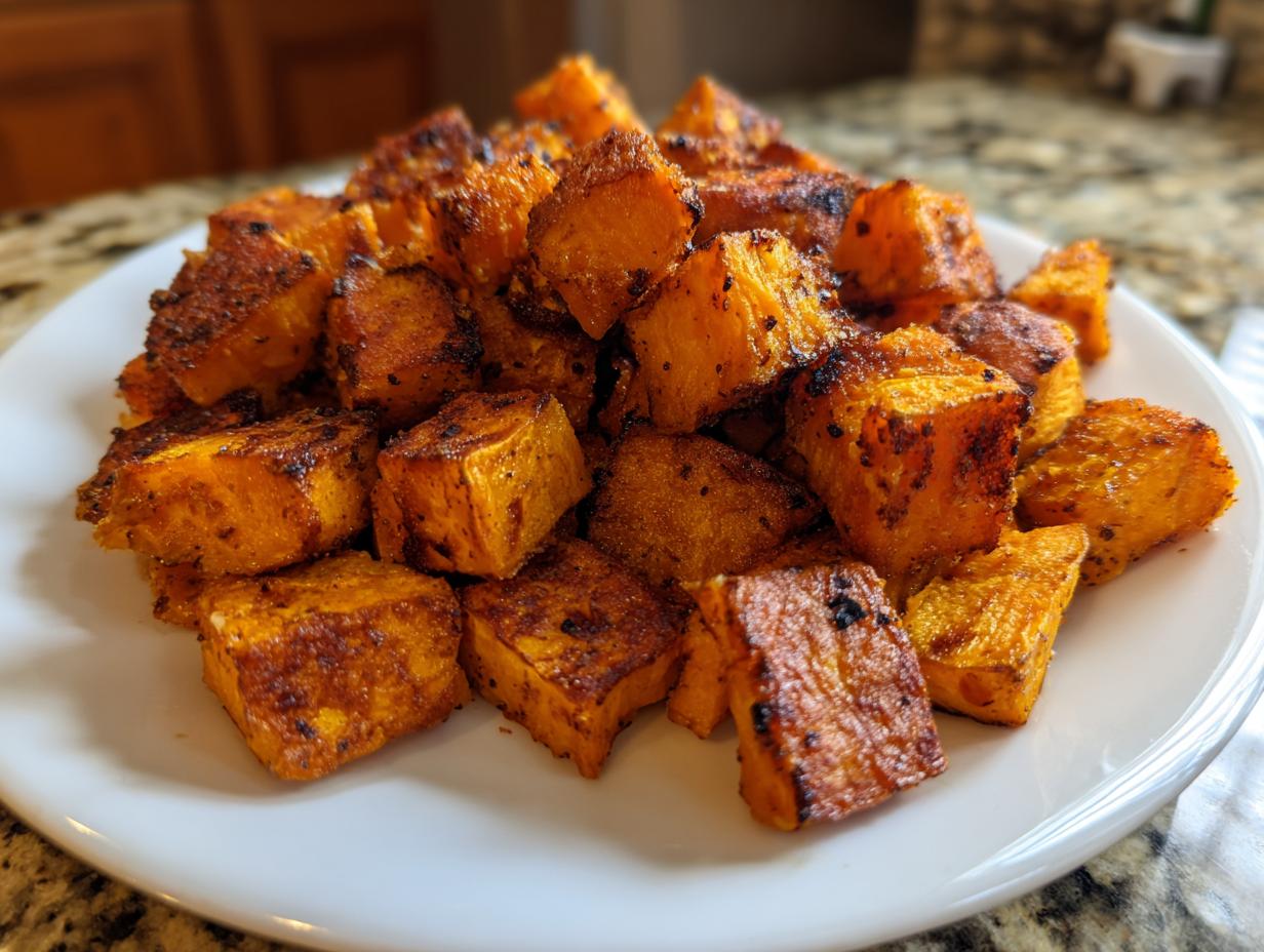 A close-up of a pile of perfectly seasoned and caramelized roasted sweet potato cubes served on a white plate.