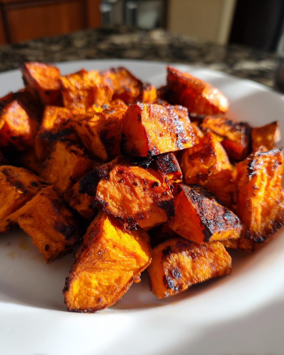 Close-up of perfectly caramelized and slightly charred roasted sweet potatoes cubes served on a white plate.