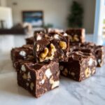 Close-up of rich chocolate rocky road fudge squares loaded with marshmallows and walnuts.