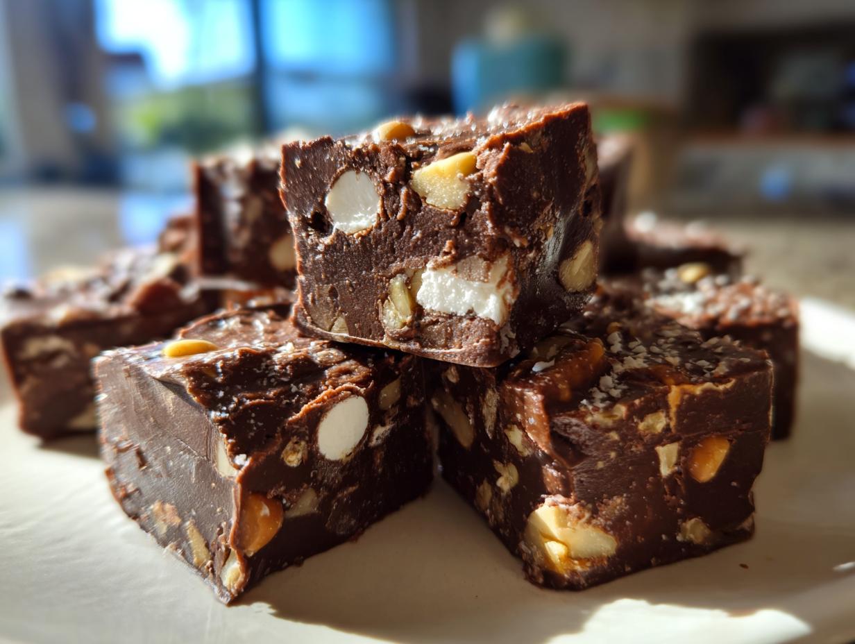 A stack of rich, dark chocolate rocky road fudge squares loaded with marshmallows and nuts.