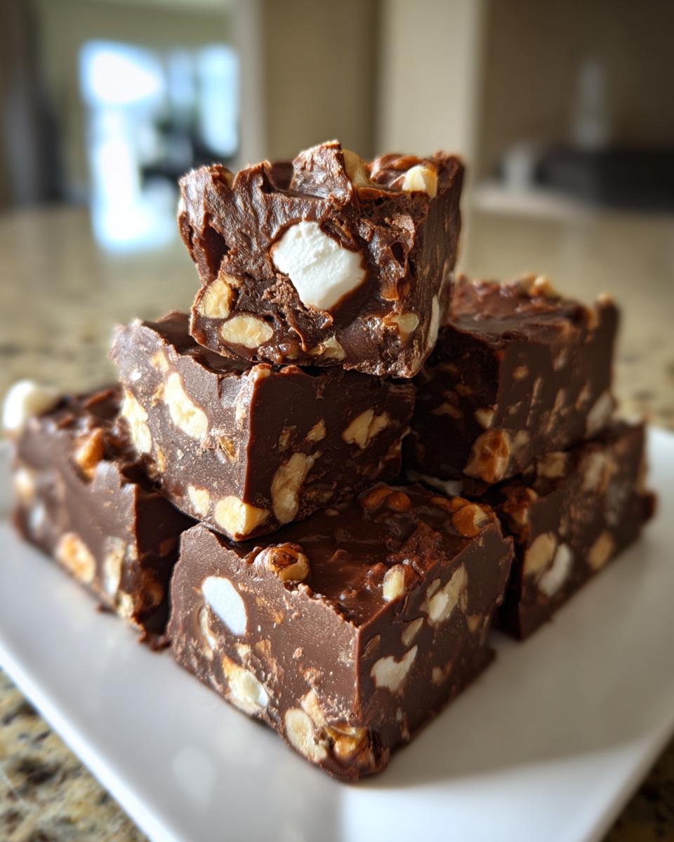 A stack of rich, dark chocolate rocky road fudge squares loaded with marshmallows and nuts.