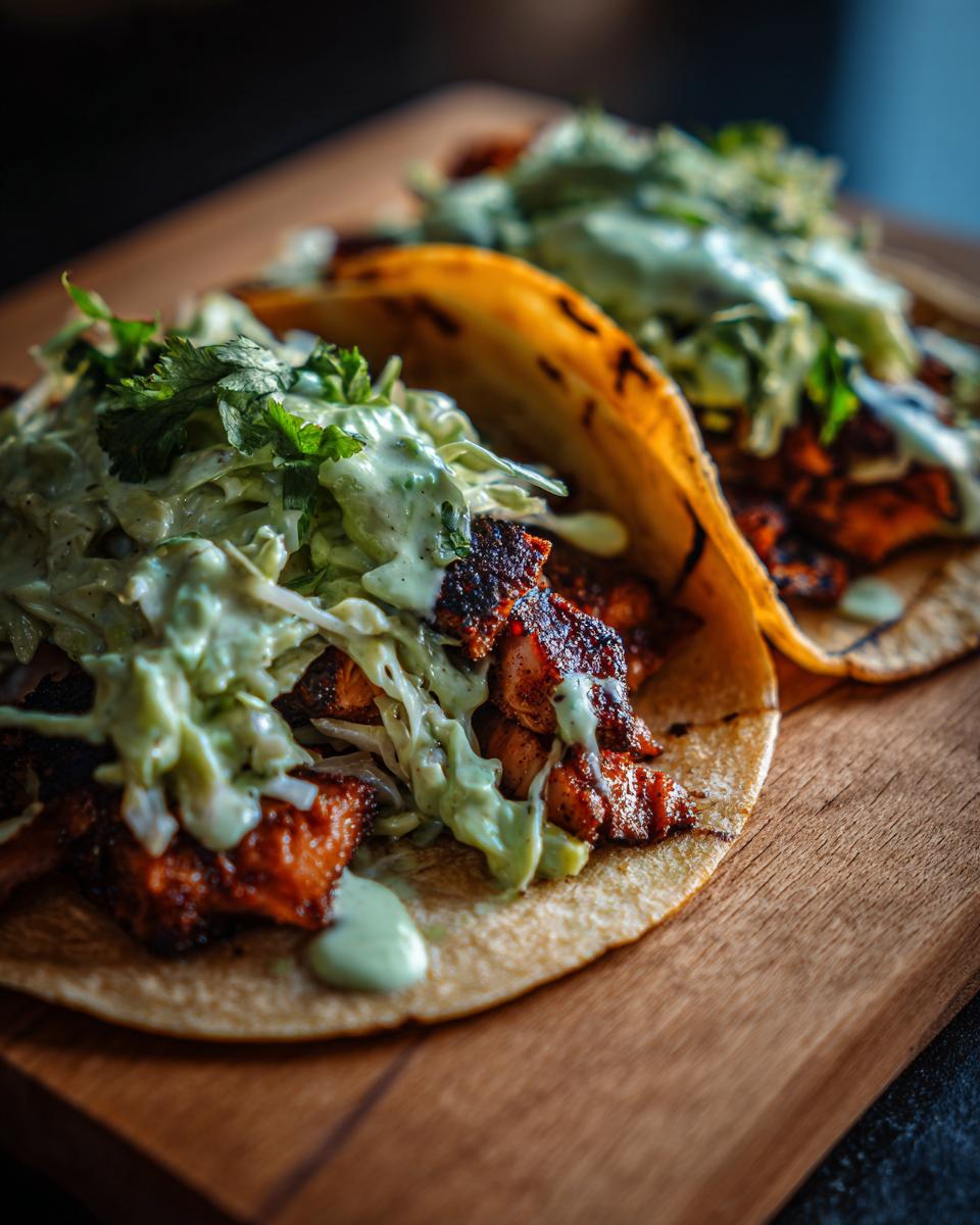 Two delicious salmon tacos filled with blackened fish, cabbage slaw, and creamy green sauce, served on a wooden board.