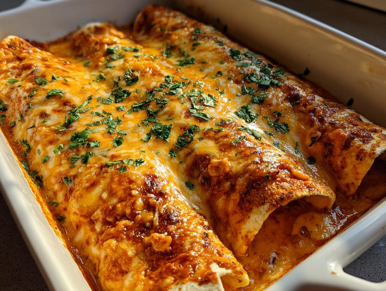 Close-up of three baked shrimp enchiladas covered in melted orange cheese and fresh cilantro in a white baking dish.