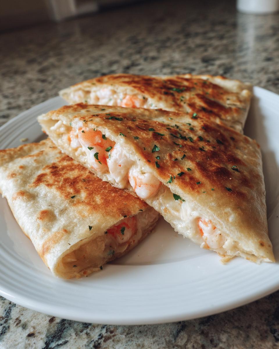 Three golden-brown, folded pieces of shrimp quesadilla, stuffed with creamy filling and visible shrimp, garnished with parsley.