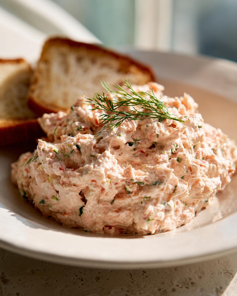 A mound of creamy smoked salmon dip garnished with a sprig of fresh dill, served with toasted bread slices.