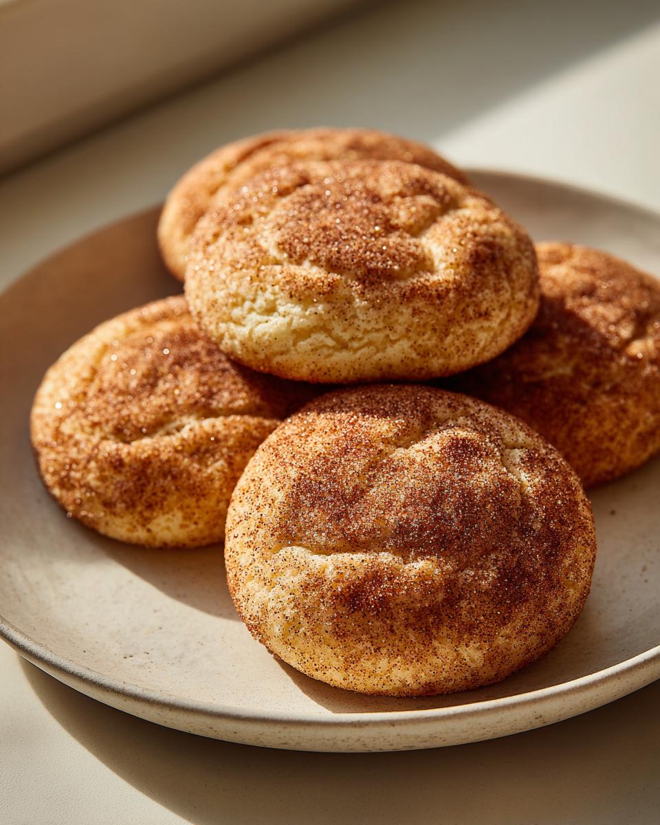 A stack of soft, chewy snickerdoodles generously coated in cinnamon sugar resting on a light ceramic plate.