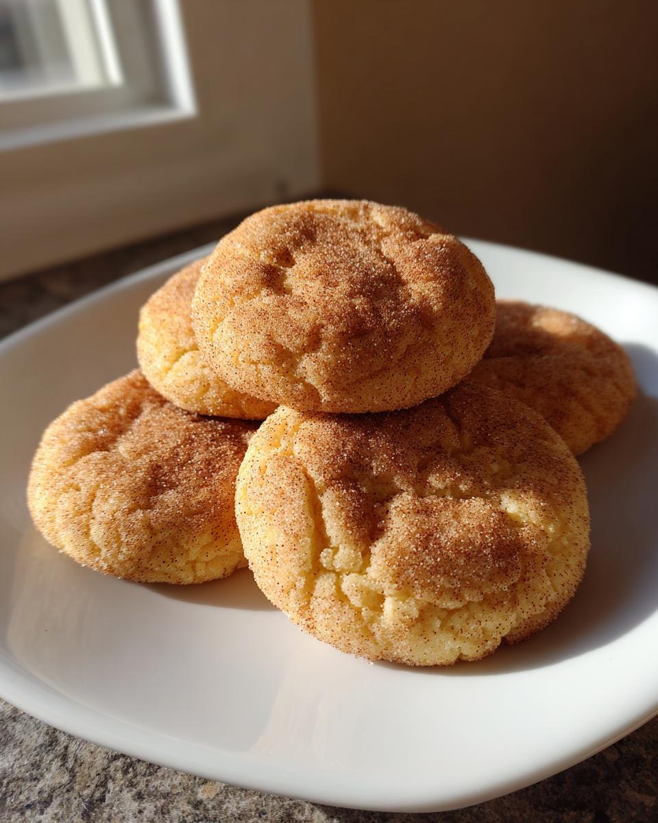 A stack of four soft, chewy snickerdoodles generously coated in cinnamon sugar, resting on a white plate.