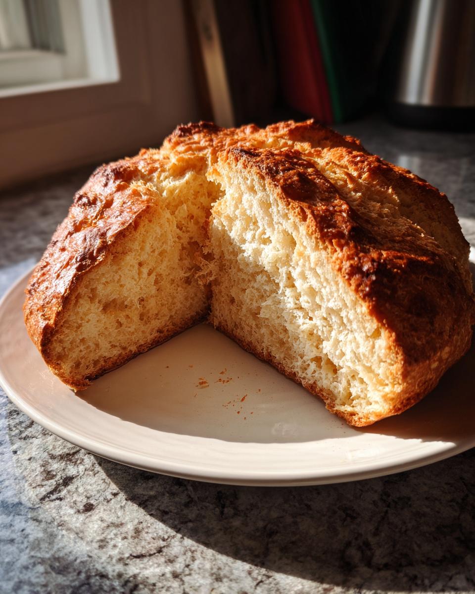 A rustic, golden-brown loaf of soda bread cut in half, showing a soft, airy interior, resting on a light plate.