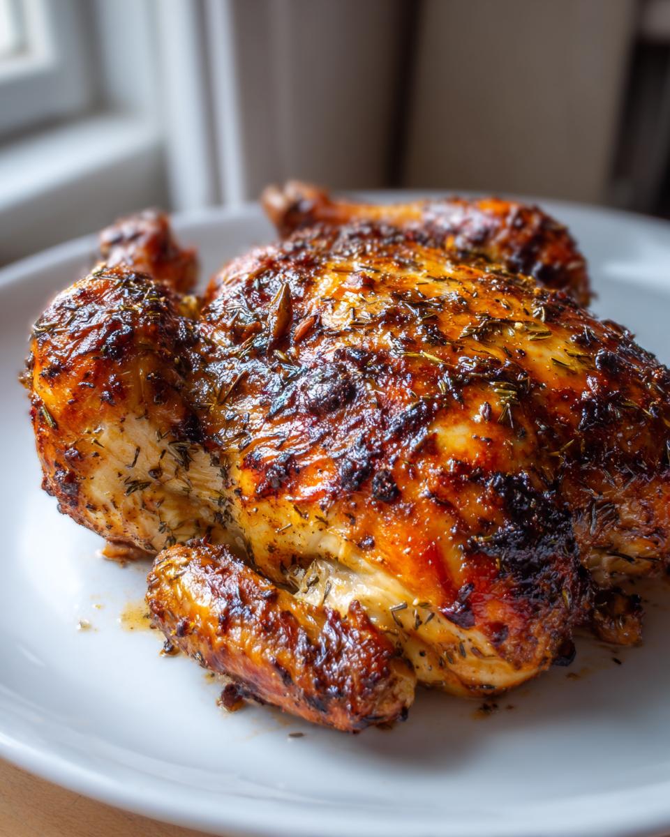 A whole roasted spatchcock chicken with beautifully browned, herb-crusted skin resting on a white plate.