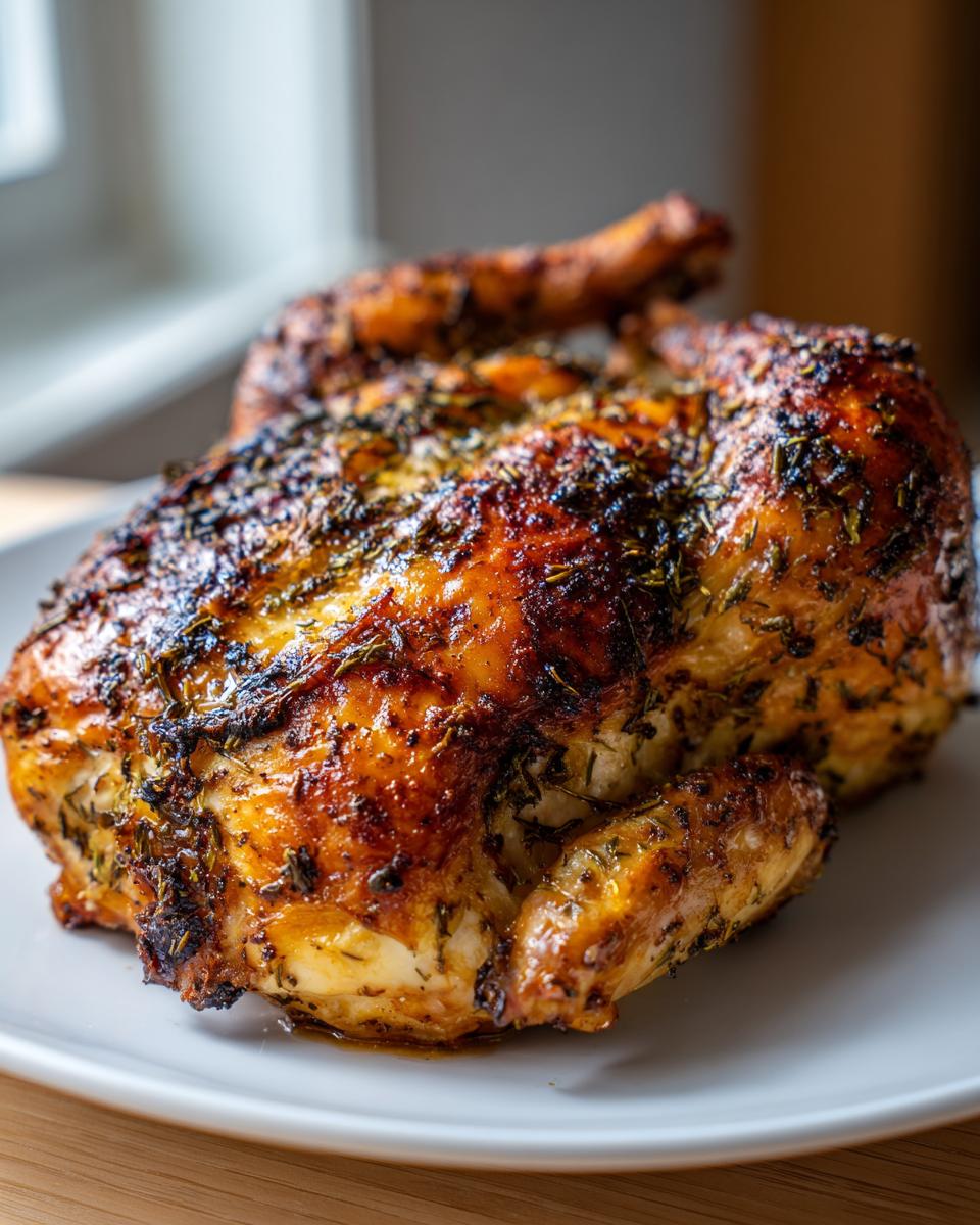 Close-up of a whole, roasted spatchcock chicken with golden-brown, herb-crusted skin resting on a white plate.