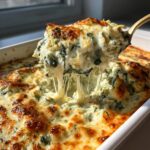 A spoonful of hot, cheesy spinach artichoke dip being lifted, showing long cheese pulls.