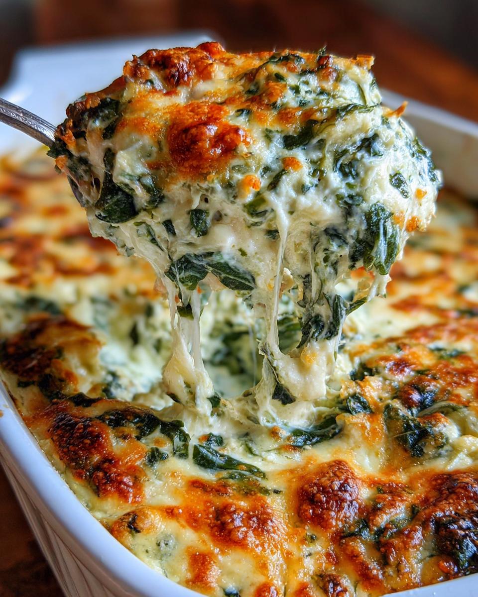 A spoonful of hot, cheesy spinach artichoke dip being lifted, showing long, gooey cheese strings.