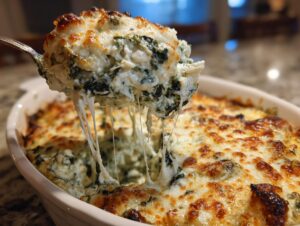 A spoonful of hot, cheesy spinach artichoke dip being pulled from a baking dish, showing long cheese strings.