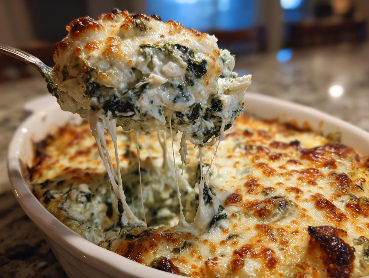 A spoonful of hot, cheesy spinach artichoke dip being pulled from a baking dish, showing long cheese strings.