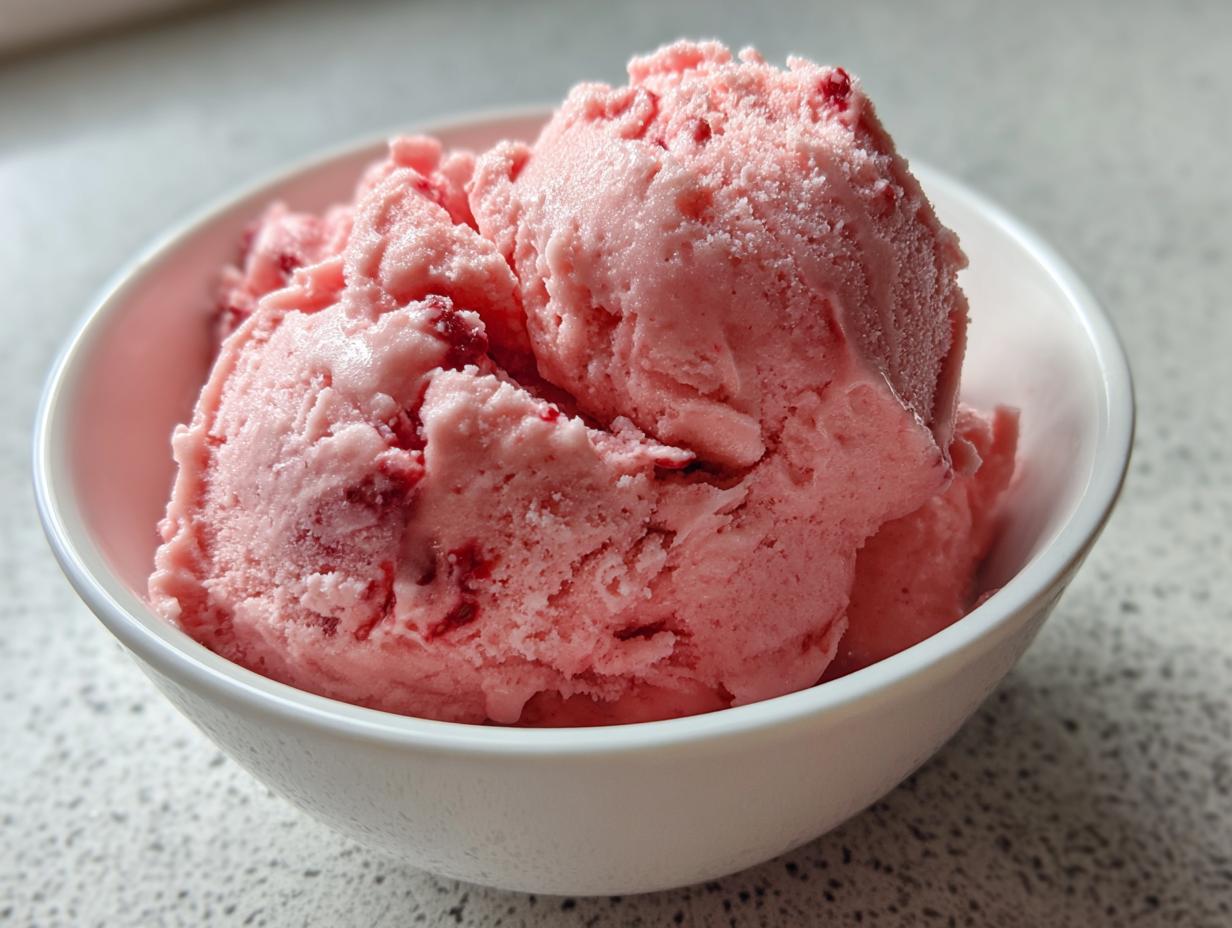 Close-up of two scoops of pink strawberry ice cream with visible berry pieces in a white bowl.