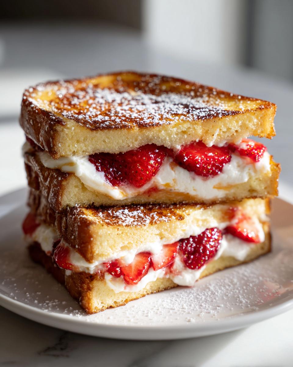 Two stacked slices of golden brown stuffed french toast filled with cream cheese and fresh strawberries, dusted with powdered sugar.