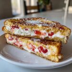 Two halves of stuffed french toast filled with creamy white filling and sliced strawberries, dusted with powdered sugar.