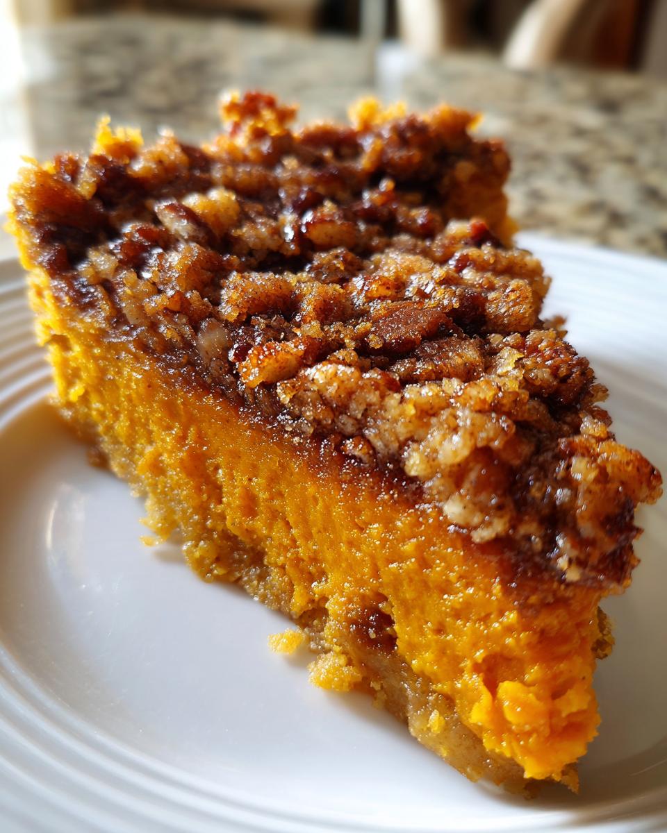 A close-up of a rich, orange slice of sweet potato casserole topped with a crunchy brown sugar and pecan streusel.