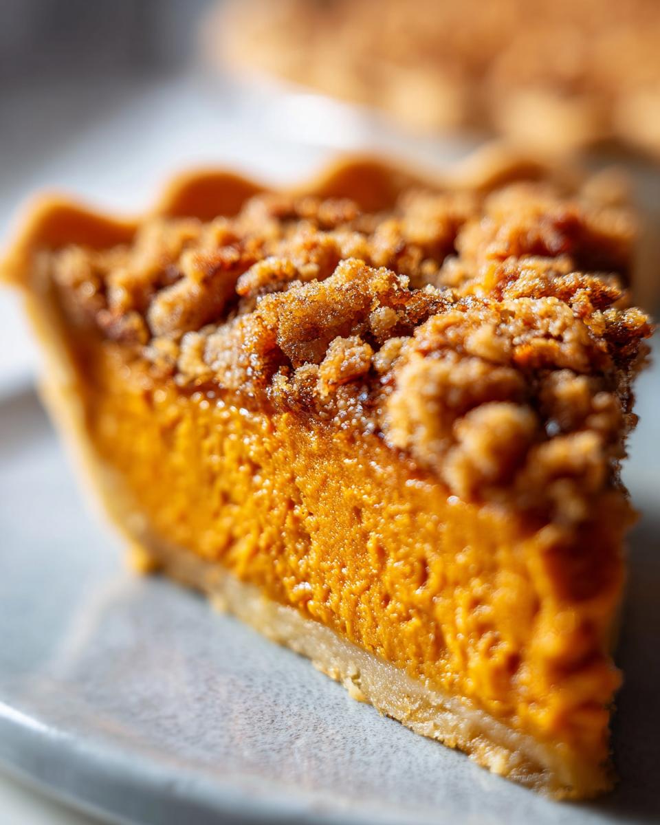 Close-up of a rich, orange slice of sweet potato casserole topped with a brown sugar streusel.