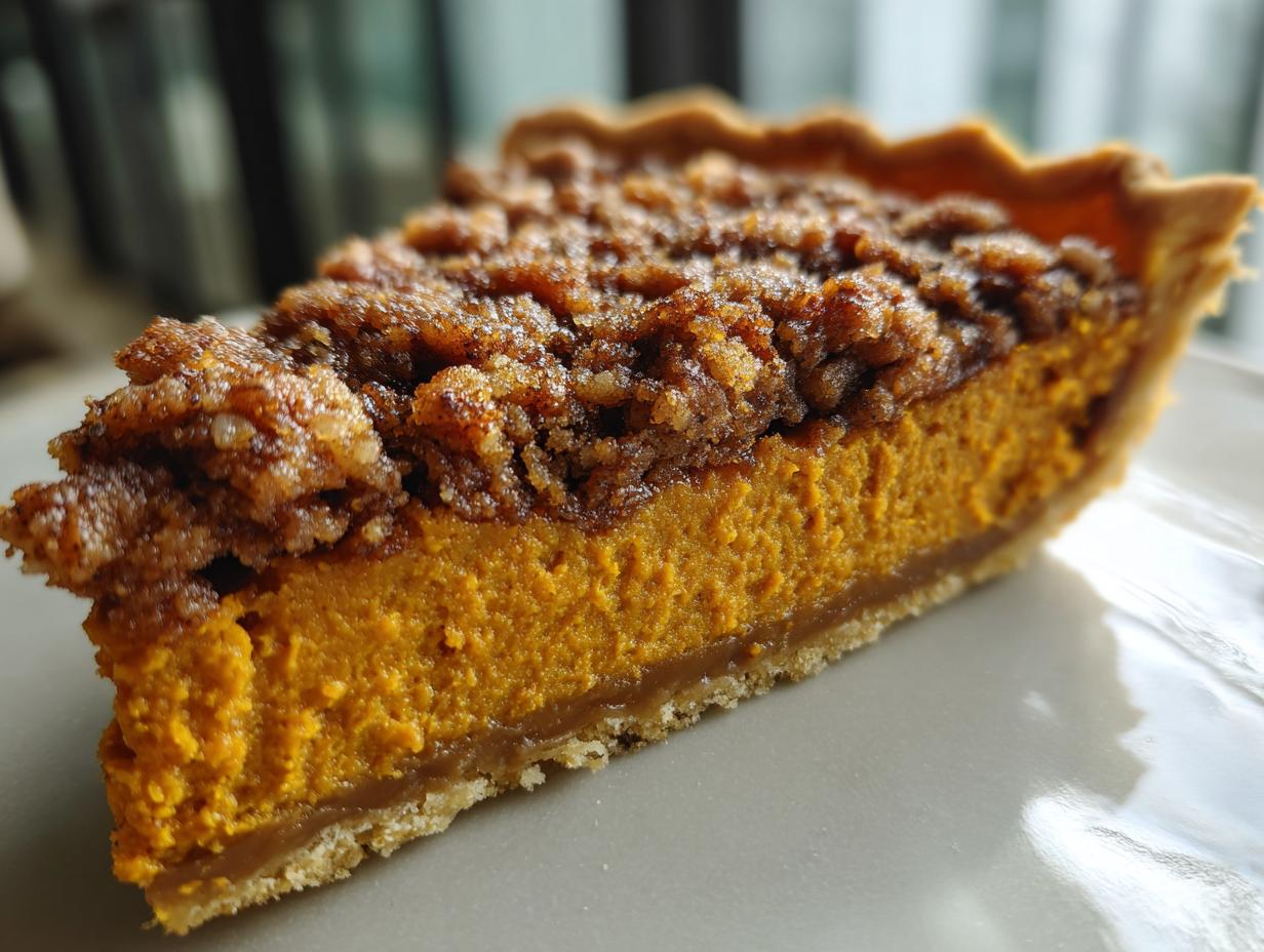 Close-up of a rich, orange slice of sweet potato casserole topped with a dark brown, crumbly streusel topping.
