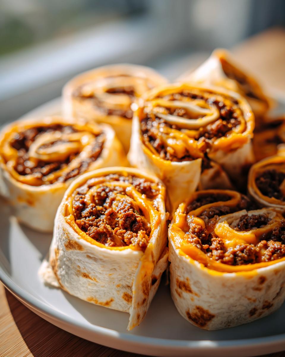 A close-up shot of several freshly made taco pinwheels filled with seasoned ground beef and melted cheese, served on a light gray plate.