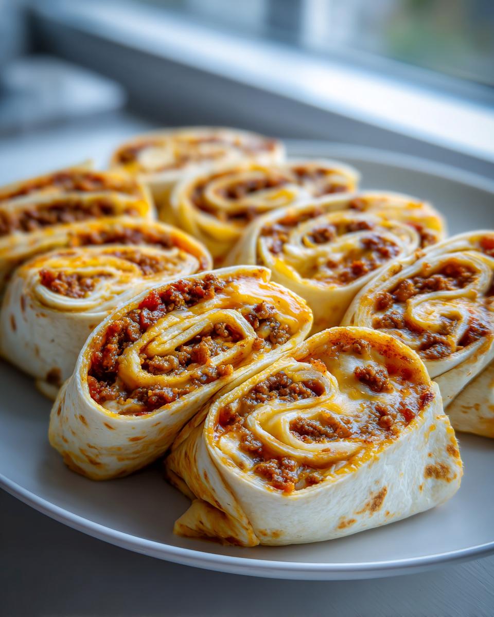 A plate filled with freshly cut, spiral-shaped taco pinwheels featuring seasoned ground meat and melted cheese.