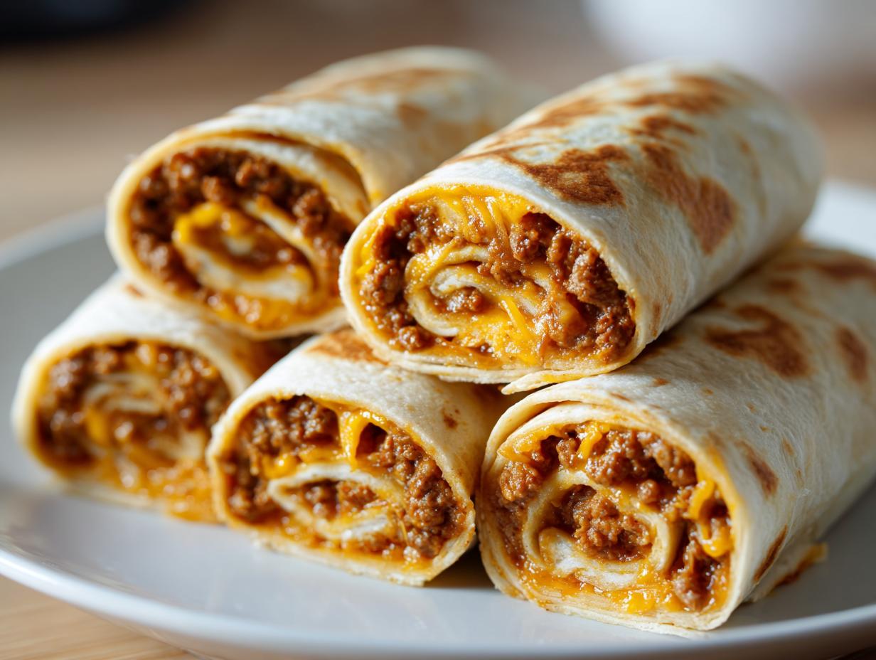 A stack of five freshly made taco pinwheels filled with seasoned ground beef and melted cheese, ready to eat.
