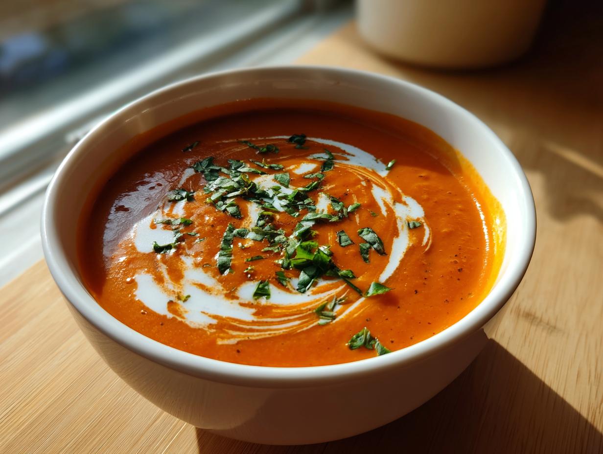 Close-up of a bowl of rich orange tomato basil soup, topped with a swirl of cream and fresh chopped basil.