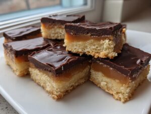 Close-up of several homemade Twix bites stacked on a white plate, showing shortbread, caramel, and chocolate layers.