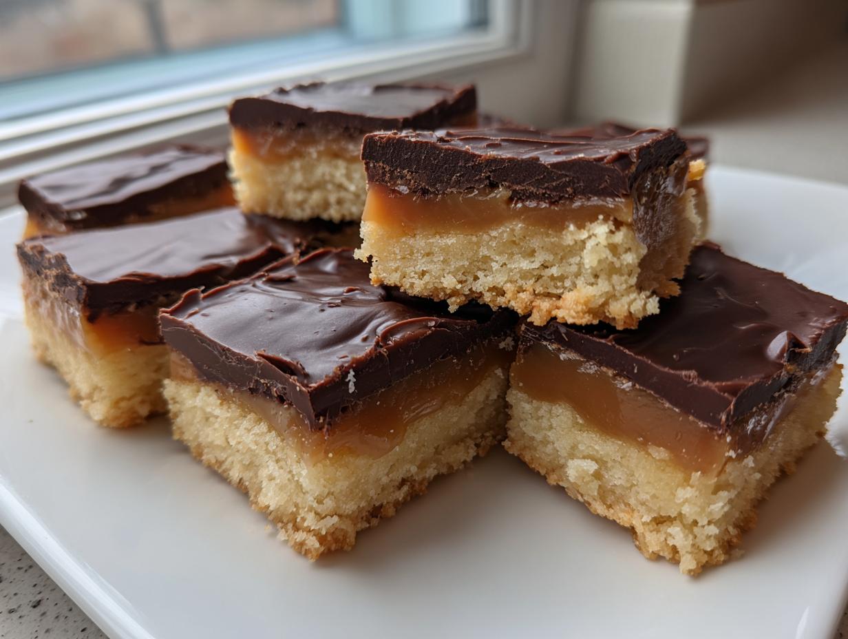 Close-up of several homemade Twix bites stacked on a white plate, showing shortbread, caramel, and chocolate layers.