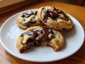 Three gooey vegan chocolate chip cookies on a white plate, one with a bite taken out showing melted chocolate.
