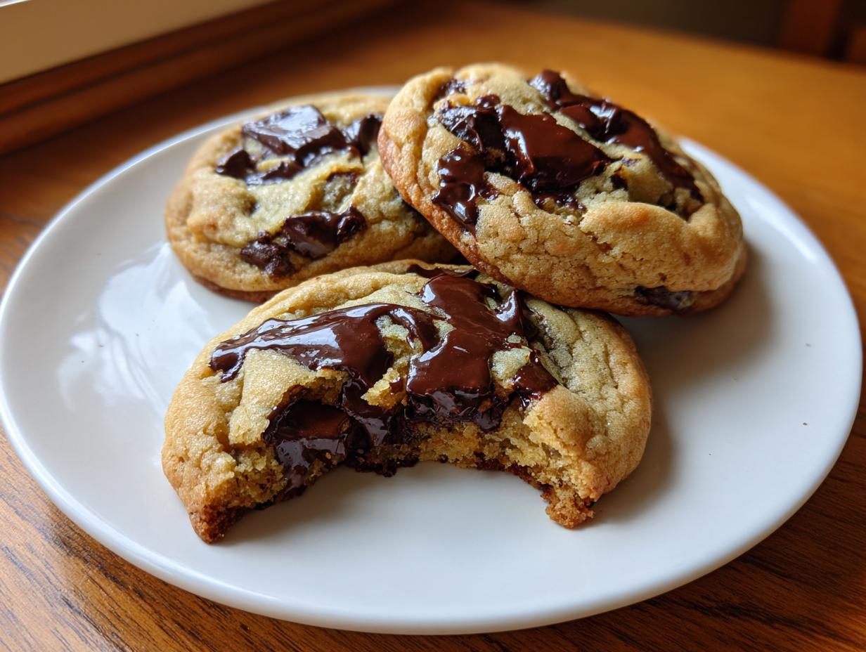 Three gooey vegan chocolate chip cookies on a white plate, one with a bite taken out showing melted chocolate.