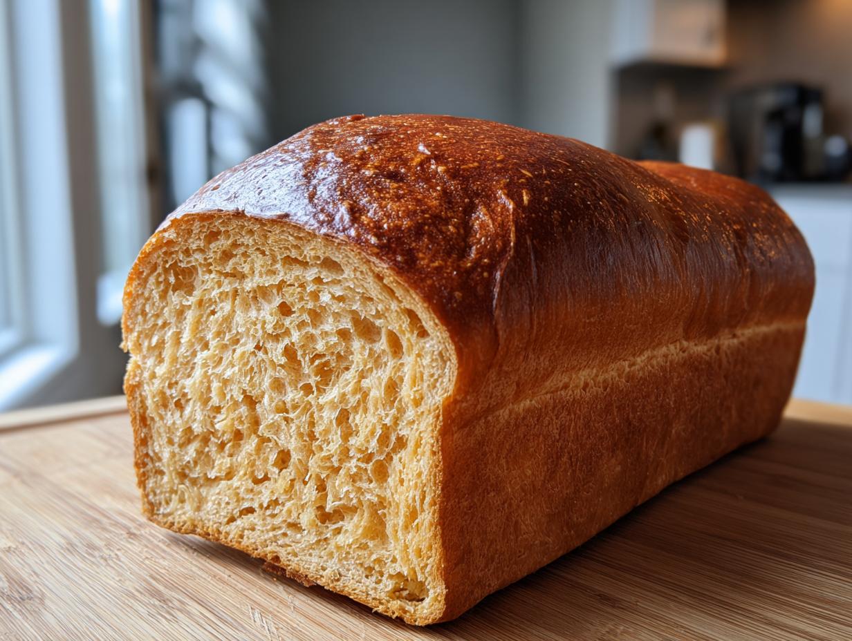 A freshly baked loaf of whole wheat bread, sliced to show its soft, golden interior and shiny crust.