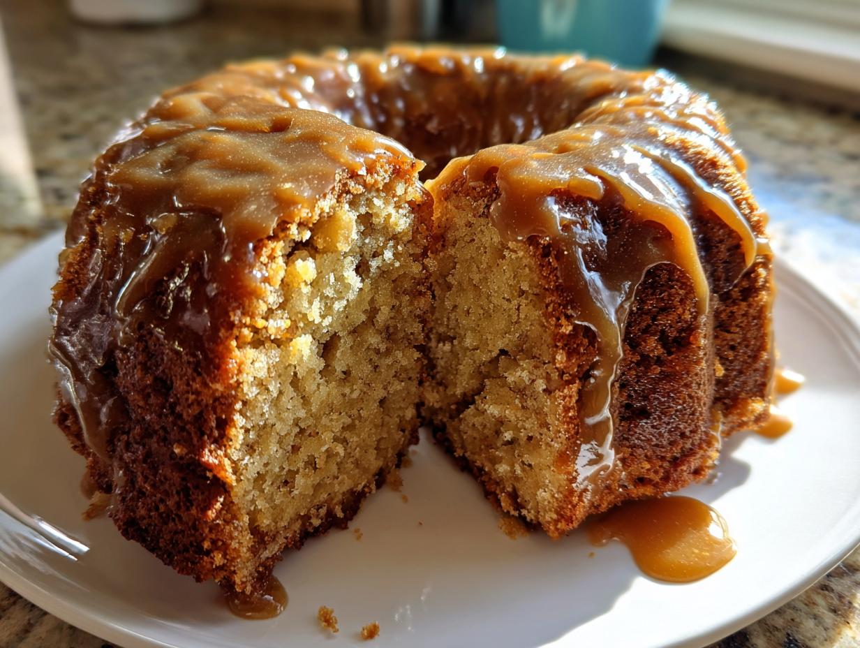 A close-up of a moist, golden apple bundt cake cut in half, generously topped with a thick caramel glaze.