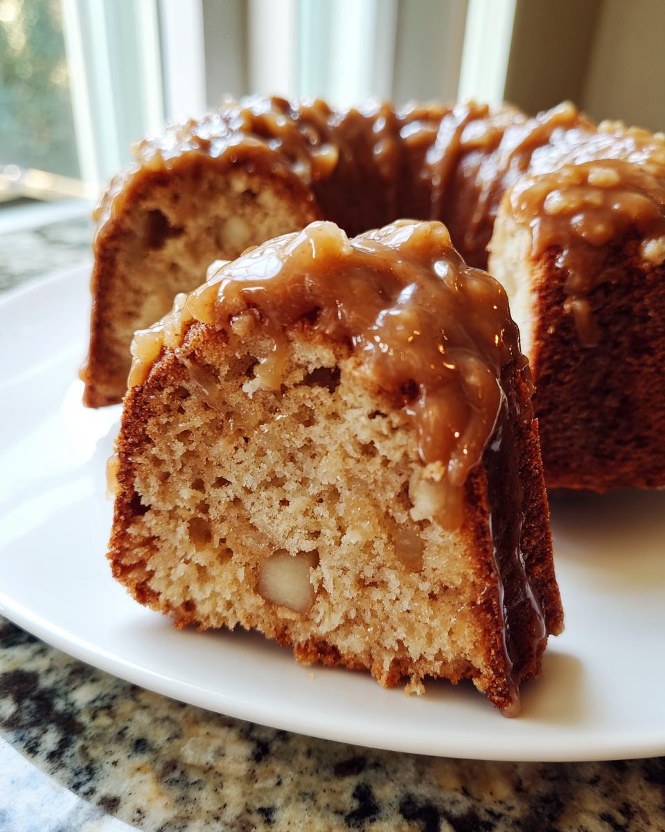 Close-up of a slice of moist apple bundt cake topped with a thick, chunky caramel glaze.