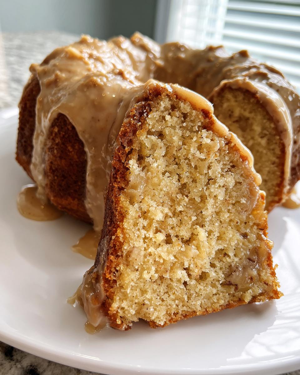 Close-up of a slice cut from a moist apple bundt cake topped with a thick, dripping caramel glaze.
