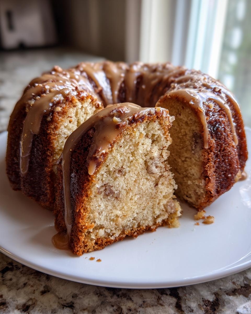 A slice cut from a moist apple bundt cake topped with a thick, dripping caramel glaze.