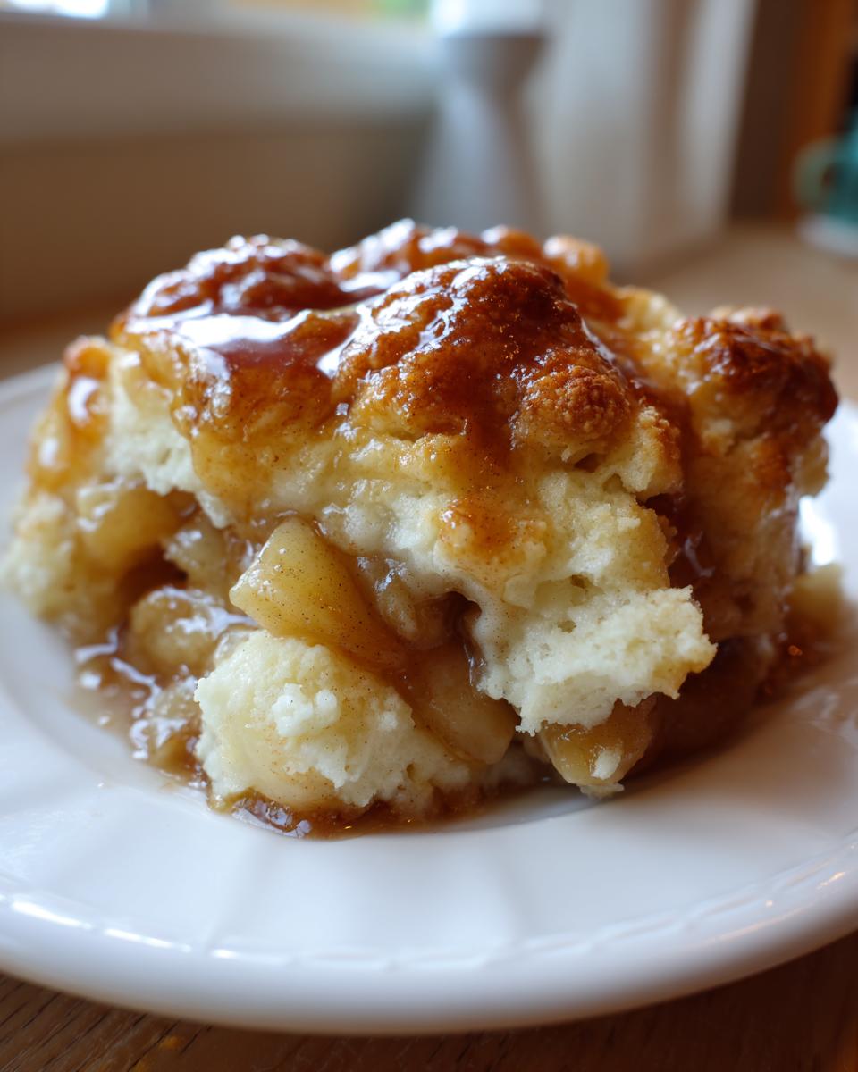 A close-up of a warm serving of apple cobbler recipe topped with rich caramel sauce.