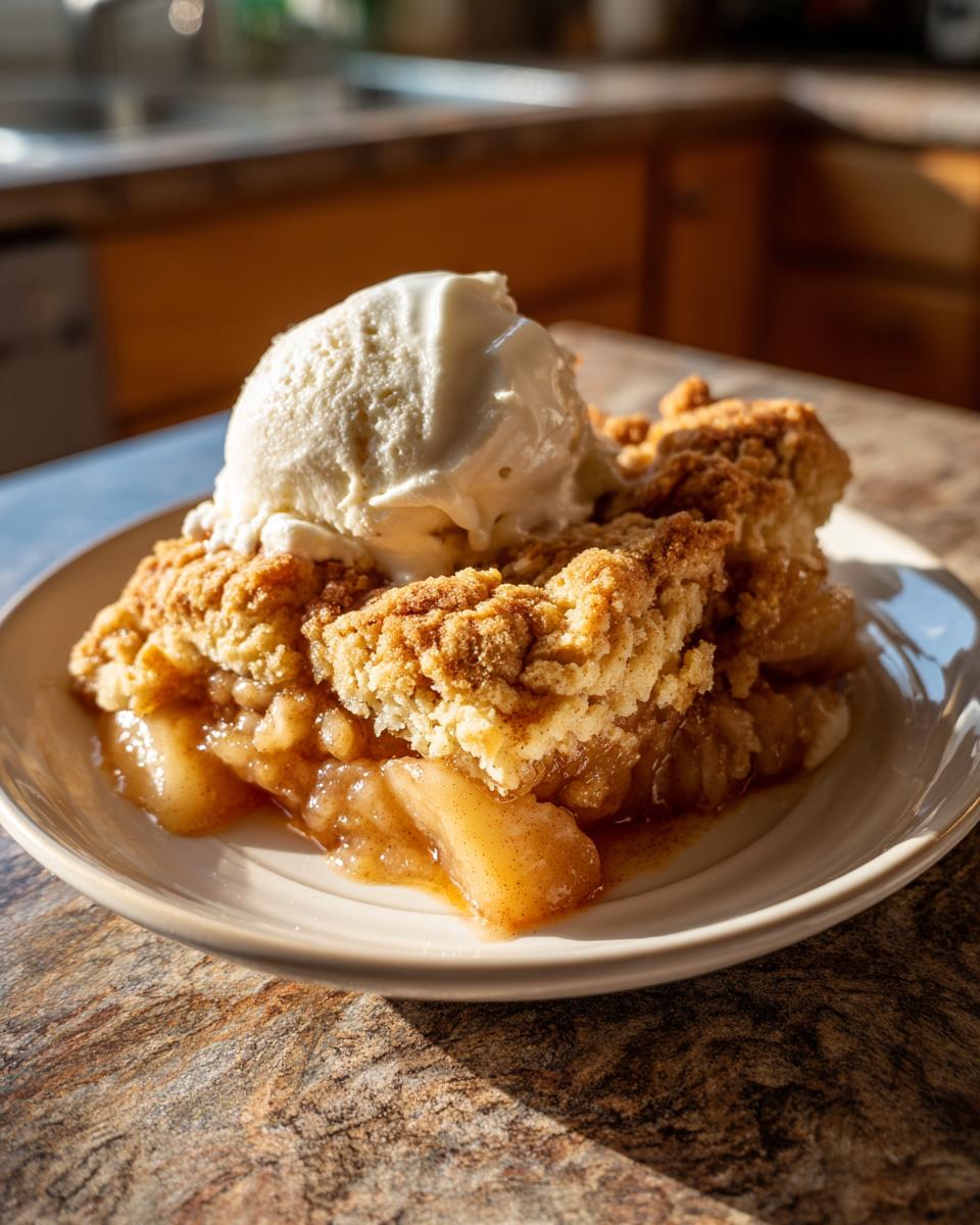 A warm serving of apple cobbler recipe topped with a melting scoop of vanilla ice cream.