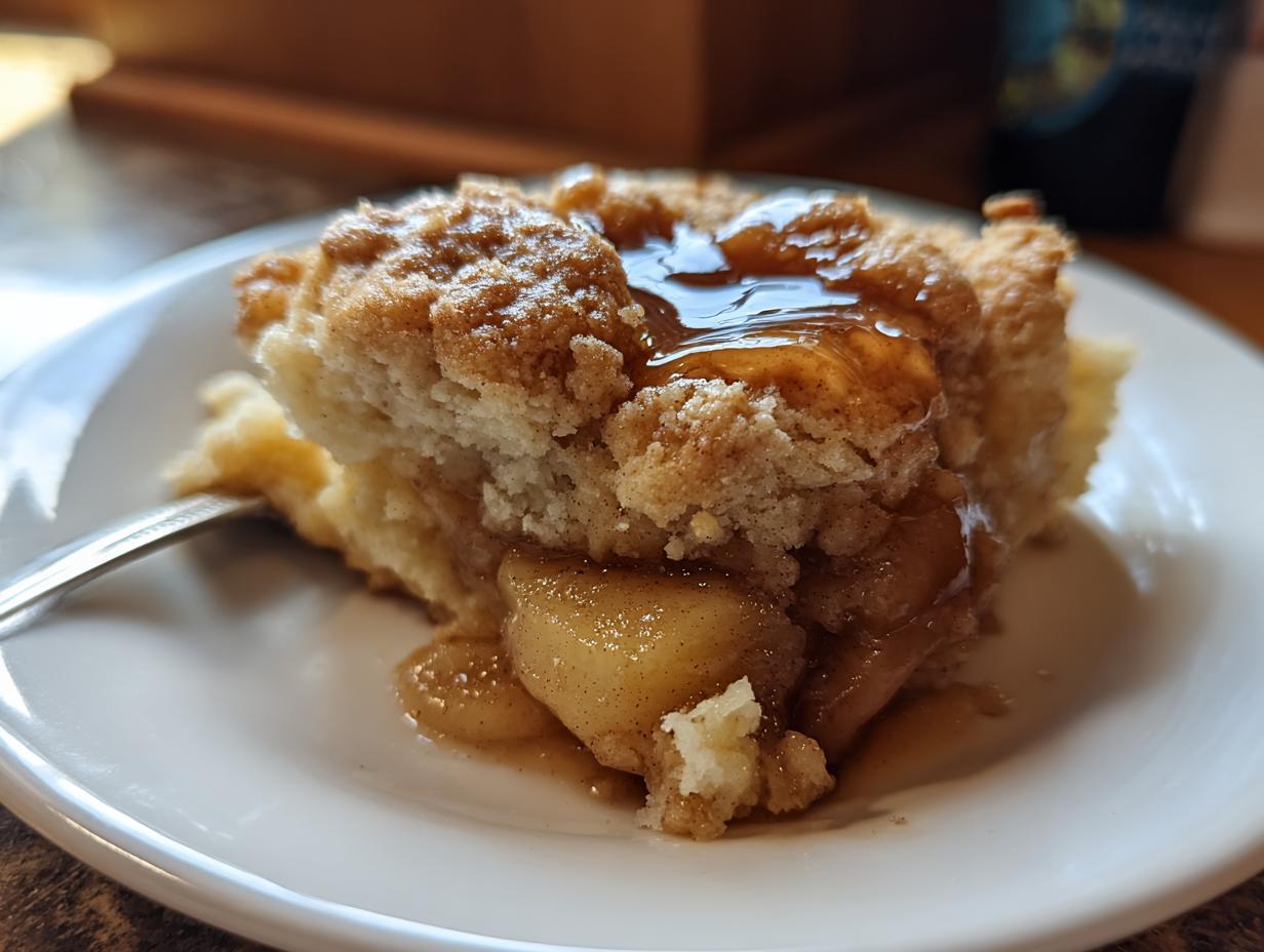 Close-up of a warm slice of apple cobbler recipe on a white plate, topped with gooey caramel sauce.