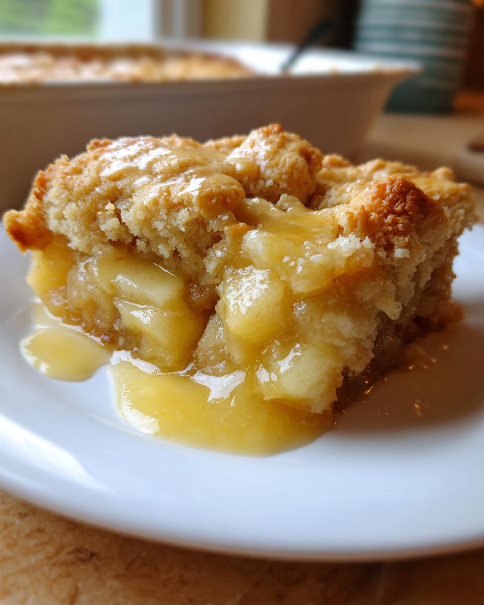 A close-up of a square serving of warm apple cobbler recipe with a gooey, syrupy sauce.