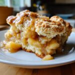 Close-up of a warm slice of apple cobbler recipe, featuring tender apples and a biscuit topping drizzled with cinnamon sauce.