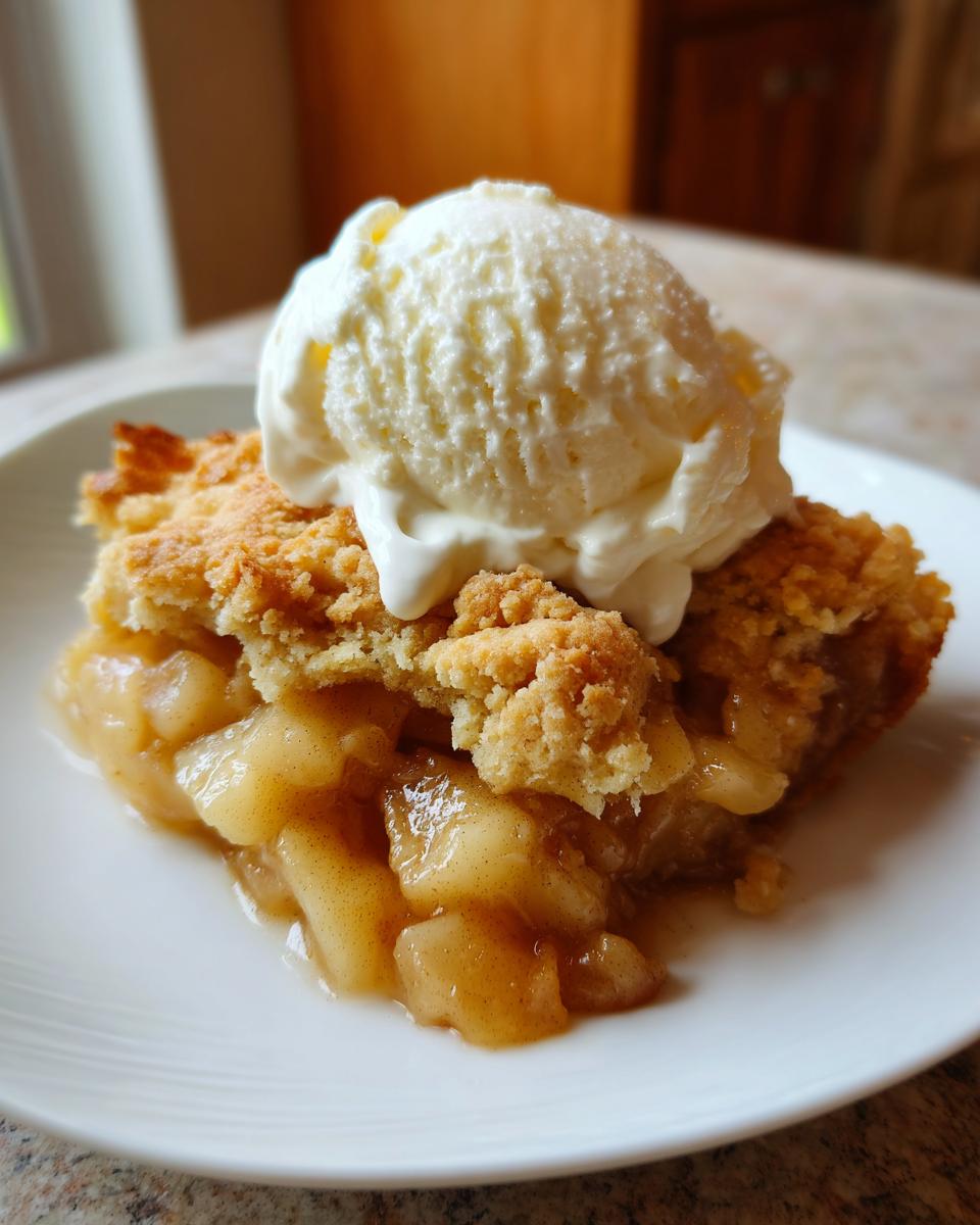 A warm slice of apple cobbler recipe topped with a melting scoop of vanilla ice cream on a white plate.