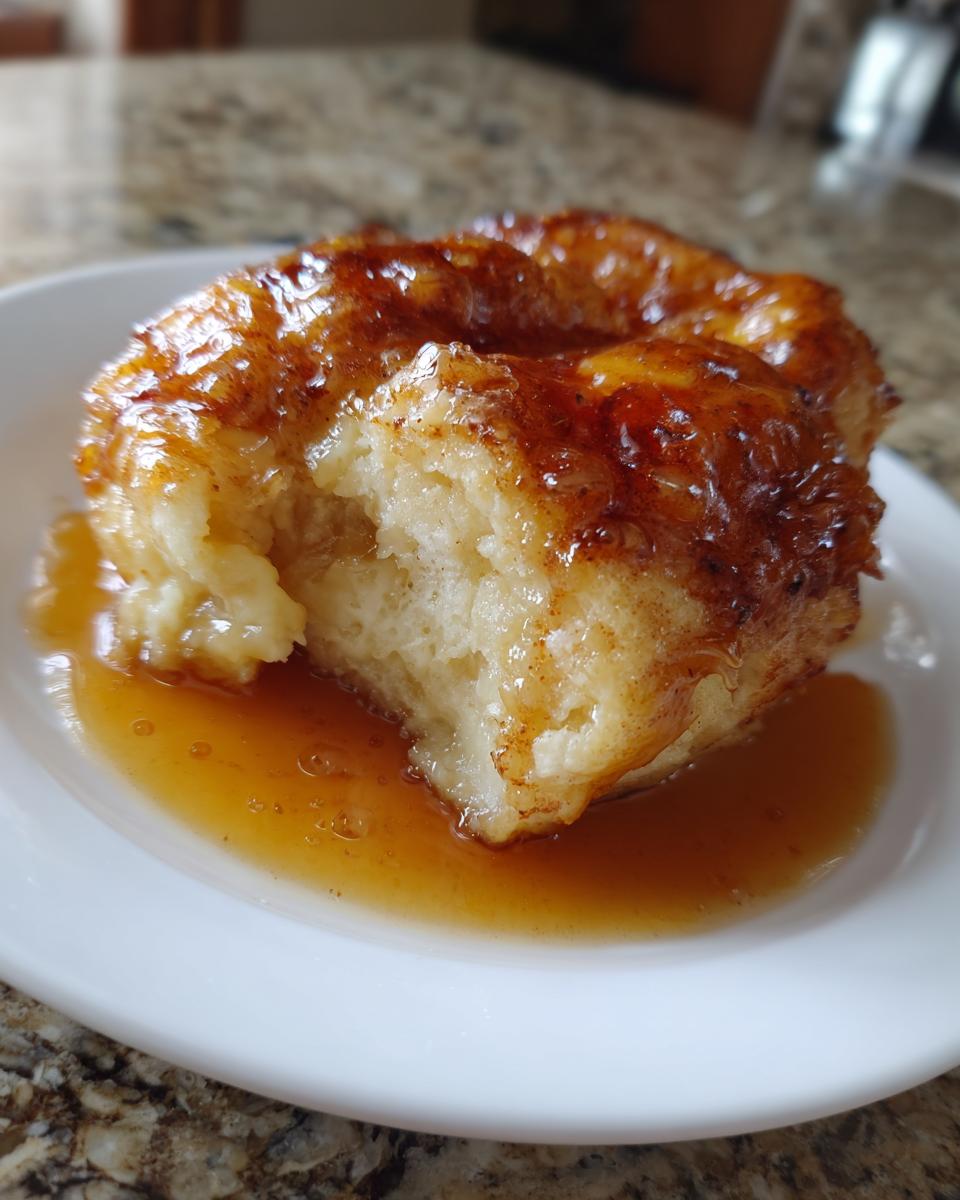 A close-up of a warm apple dumpling with a bite taken out, covered in glossy caramel sauce.
