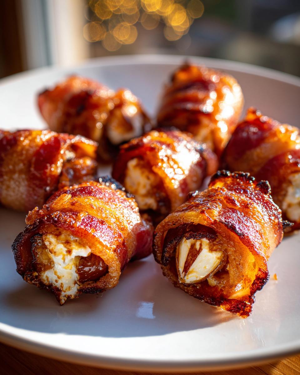 Close-up of crispy, bacon-wrapped stuffed dates filled with cheese and an almond on a white plate.