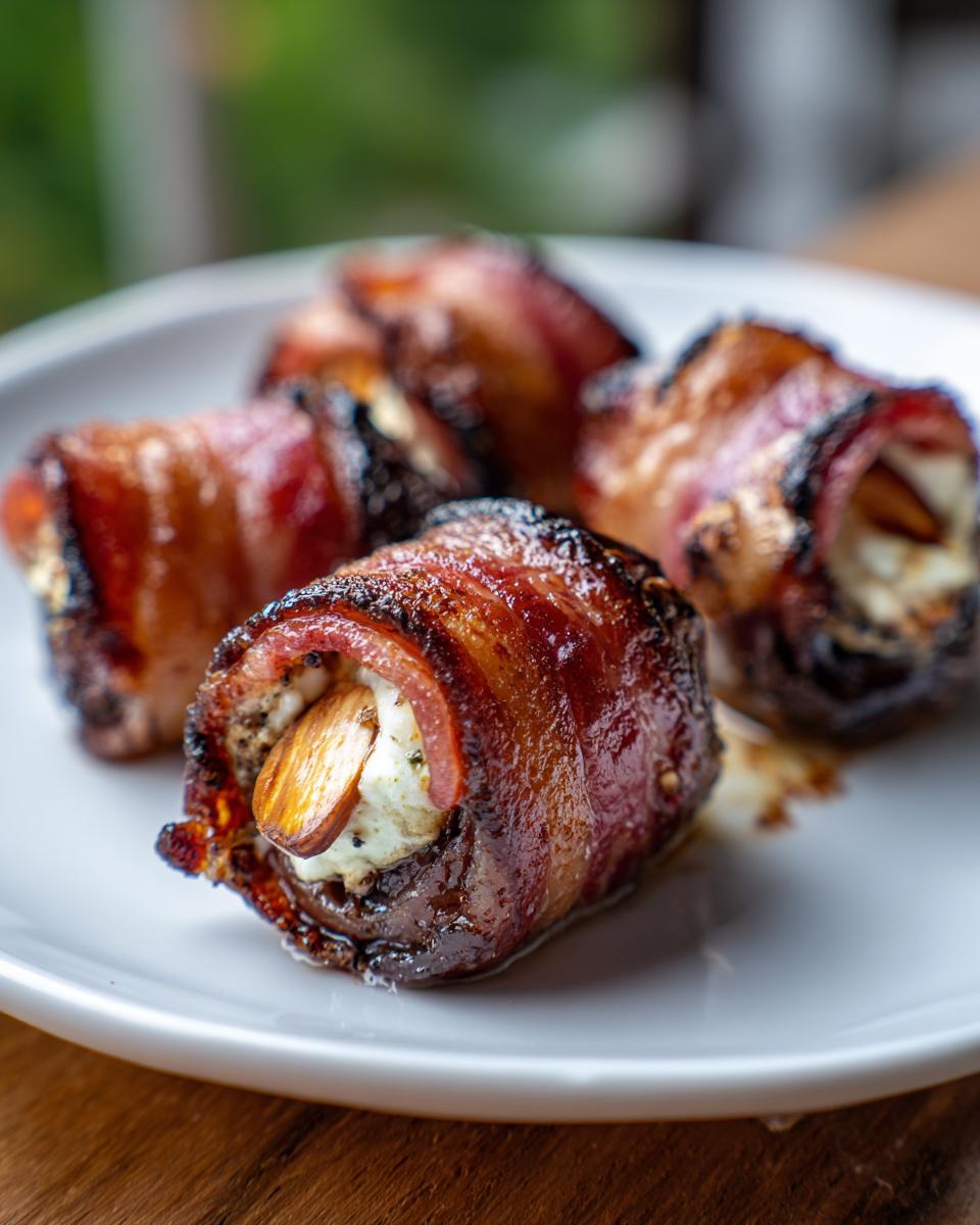 Close-up of four crispy bacon wrapped stuffed dates filled with cheese and an almond slice.